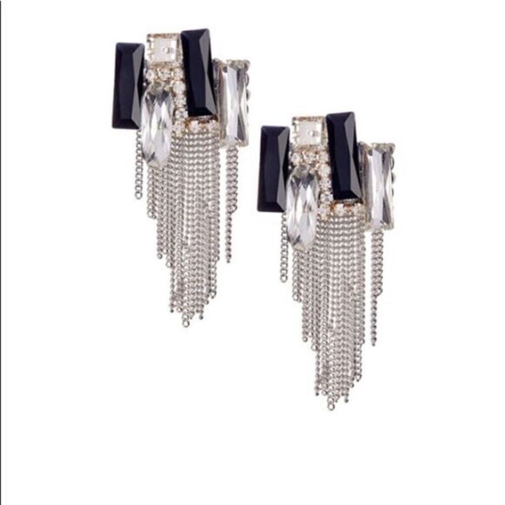 18K Gold Crystal Waterfall Statement Earrings Black Silver
